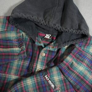 Y2K 90s No Fear Plaid Hooded Flannel Pullover Pocket Men XL Skater Grunge